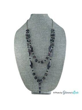 Smoky Dark Gray & Black Double Strand Y Style Beaded Chain Necklace